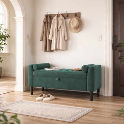 Banc rembourré avec repose-pieds, banc en velours avec accoudoirs roulés, banc à chaussures capitonné avec rangement dissimulé pour le salon de la chambre du vestibule, vert