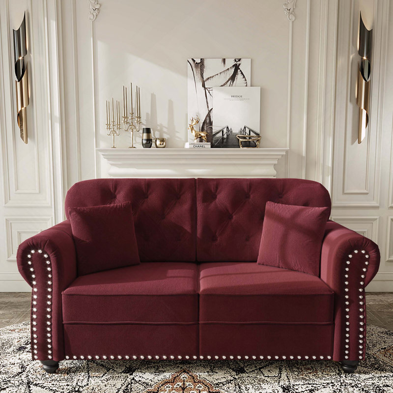 Velours Chesterfield canapé garniture cloutée capitonnée, Bourgogne