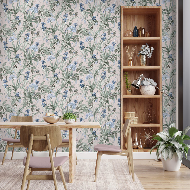 Papier peint botanique Mint Birds and Dragonflies, Rose
