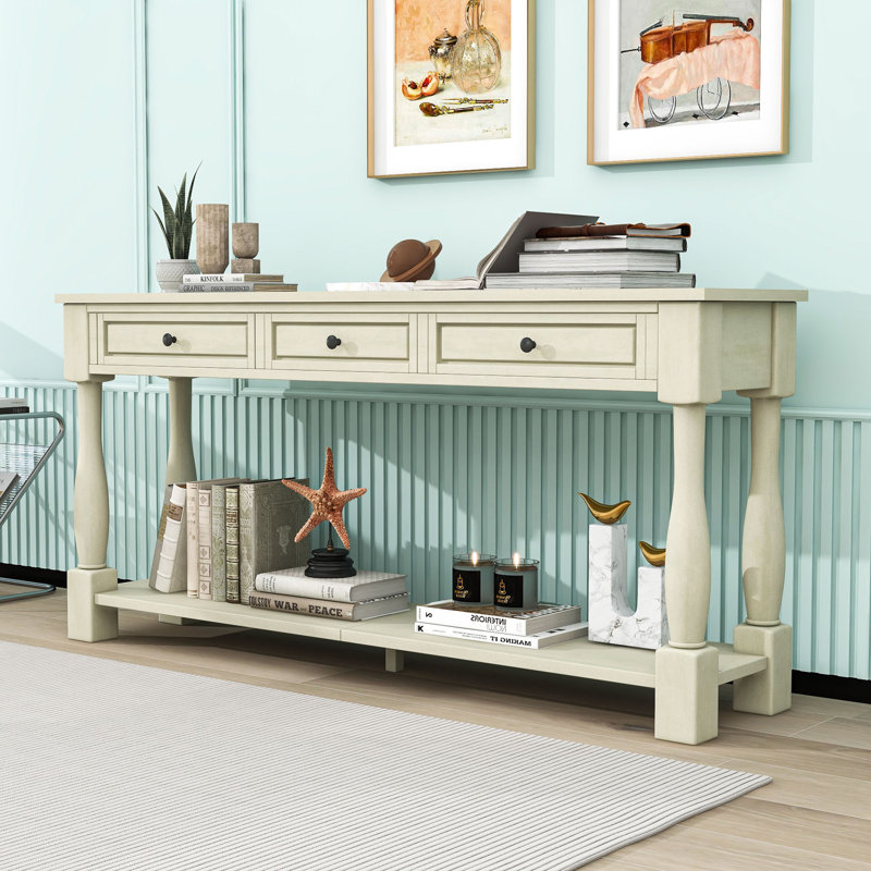Console polyvalente en bois avec trois tiroirs et tablette inférieure, Blanc antique