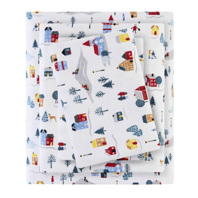 Ensemble de draps 4 pièces à imprimé très grand - imprimé blanc de village, flanelle 100% coton, doux au toucher, lavable à la machine, avec drap plat, 2 taies d'oreiller ajustées, convient aux matelas jusqu'à 14 po