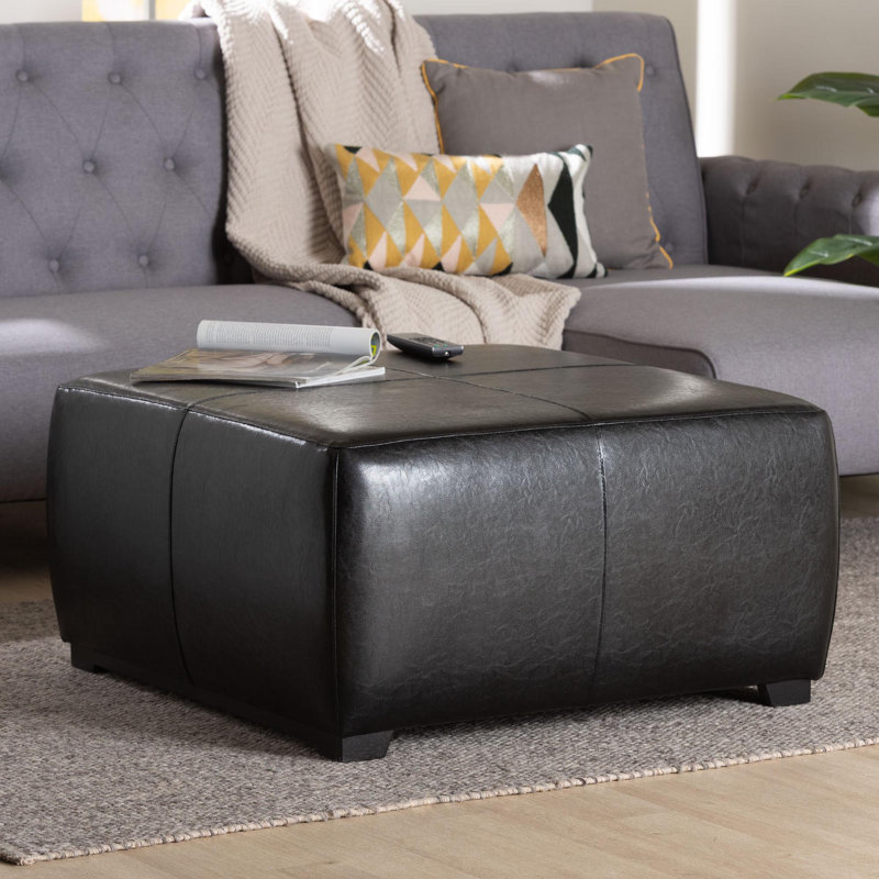 Calysta Faux Leather Ottoman, Black Faux Leather
