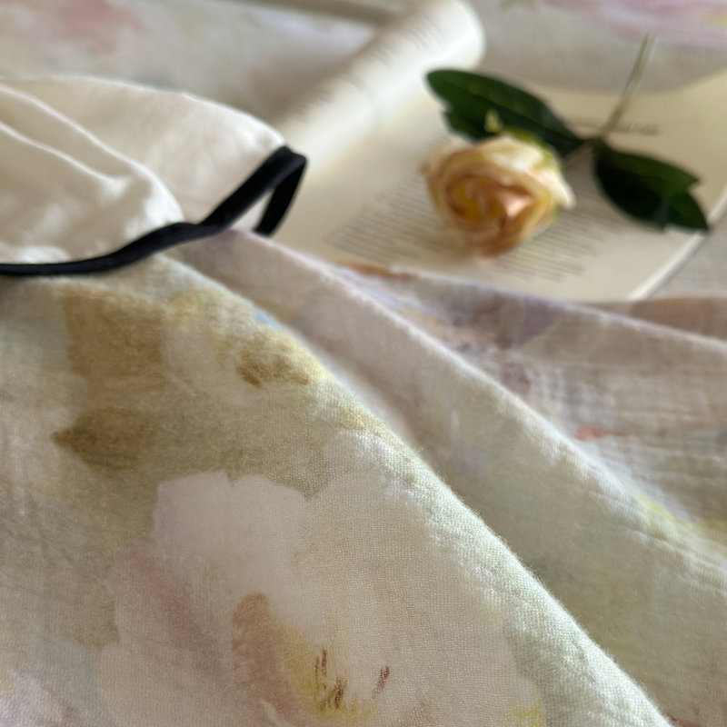 Ensemble de housse de couette floral en coton froissé à double couche, Queen Duvet Cover + 2 Pillowcases, Beige