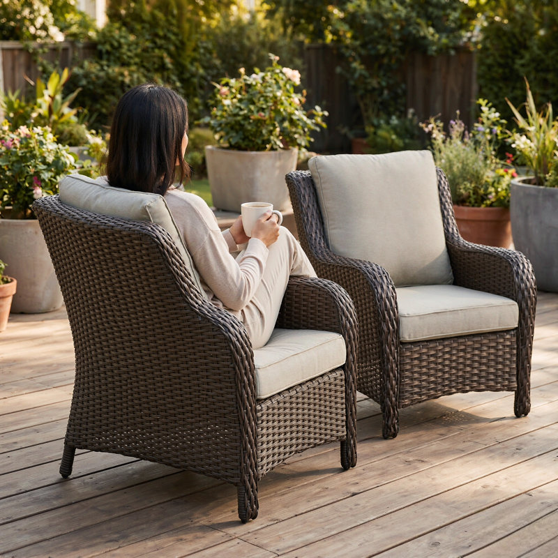 Ensemble 2 pièces de conversation pour fauteuil avec coussins et siège en rotin pour jardin, Gris, Brun