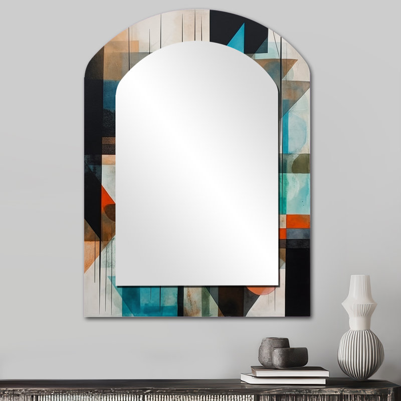 Orange Abstracted Geometric Explorations I - Geometric Asymmetrical Decorative Mirror, Orange Arch Wall Mirror, Printed Metal Art
