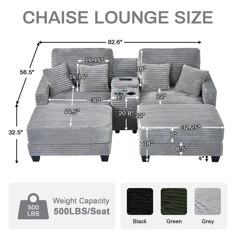 Upholstered Chaise Lounge Chairs Corduroy Double Chaise Sofa With Console USB Ports and 2 Cup Holders, Gray