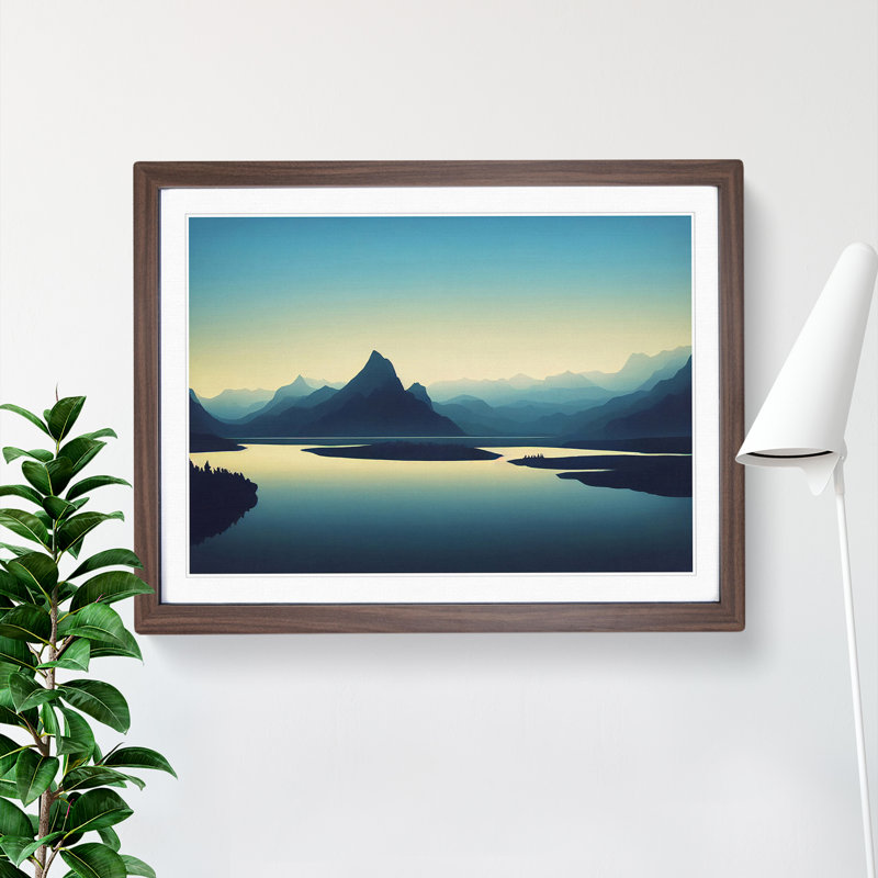 Mountain Lake Silhouette - Framed Print, 25cm H x 34cm W x 2cm D, Brown Framed
