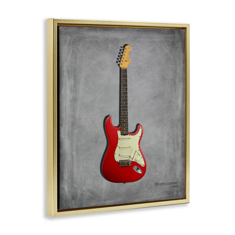 Guitare rouge classique sur cadre flottant gris, design par Mark Rogan, H 21 po x l 17 po, Cadre flottant métallique doré