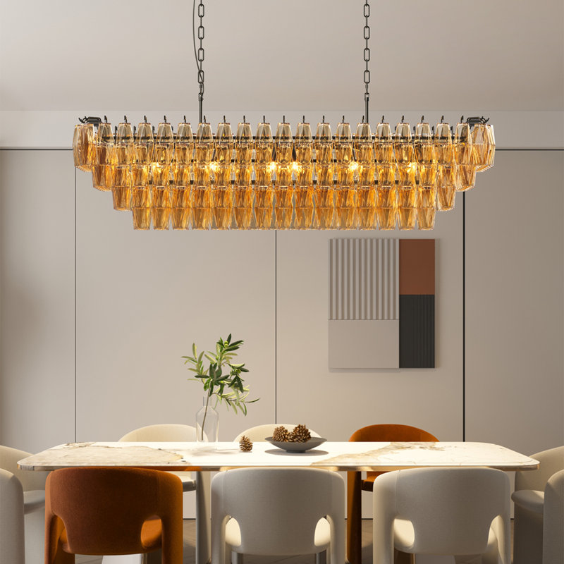 54" Black Rectangular Chandeliers for Dining Room, 12-Light 4 Tiered Large Smoke Glass Chandelier, Modern Kitchen Island Farmhouse Hanging Light Fixture for Living Room Foyer(Bulb not included)