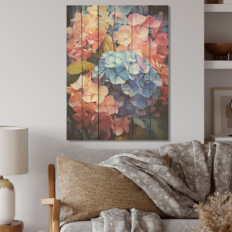 Hortensia bleu et orange en fleurs I - Hortensia, art mural sur bois de pin naturel, H 40 po x l 30 po