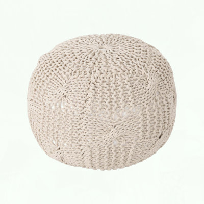 Handmade Knitted Cotton Round Pouf with Beige Color