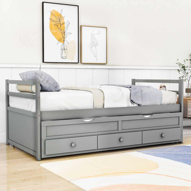 Twin Size Bed with Pull-Out Twin Trundle and Storage Drawers, Gray
