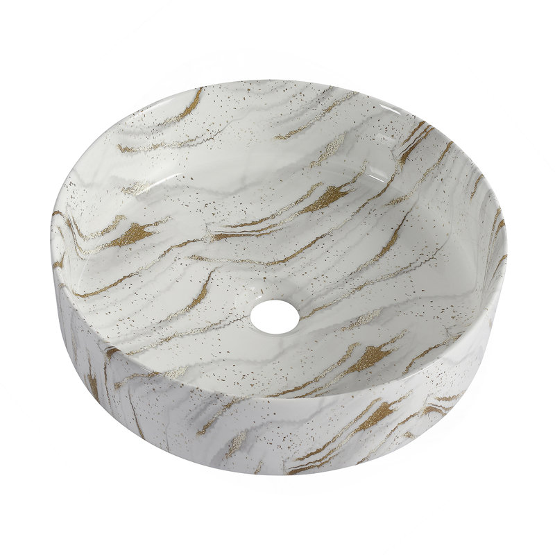 Ceramic Round Above Counter Bathroom Sink Art Basin, White Background With Grey Patterns, White/Brown