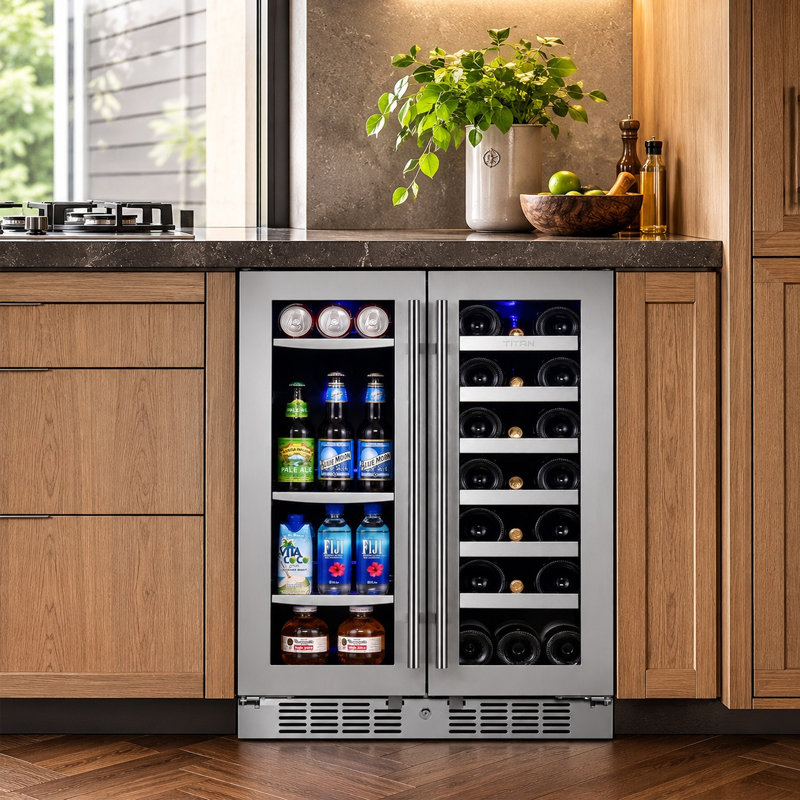 Transcend 24 in. 64 Can and 20 Bottle French Door Seamless Stainless Steel Dual Zone Built-In Beverage and Wine Cooler