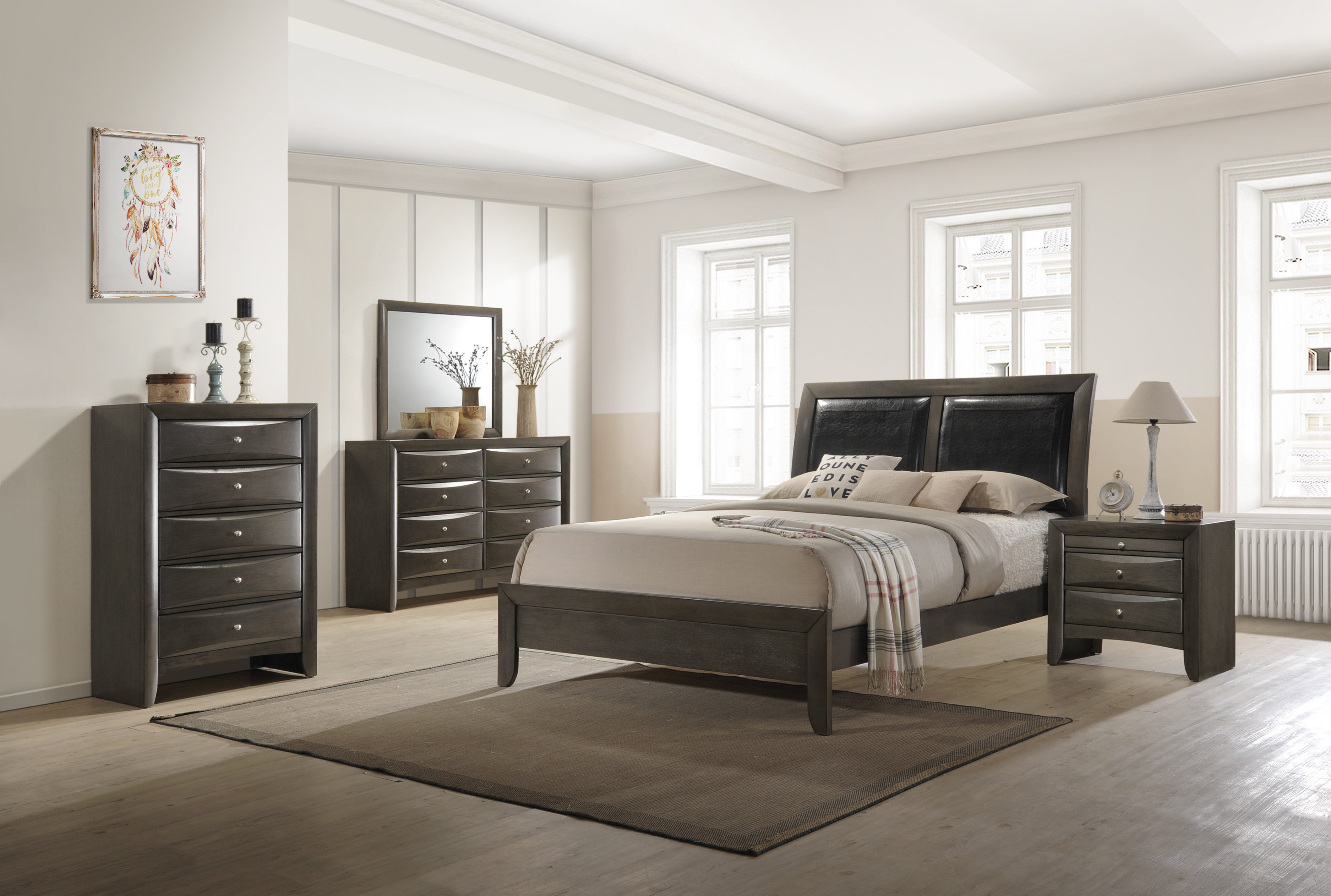 Transitonal Style Gray Solid Wood 4pc Bedroom Set Queen Size Bed Dresser Mirror Nightstand Master Bedroom Furniture