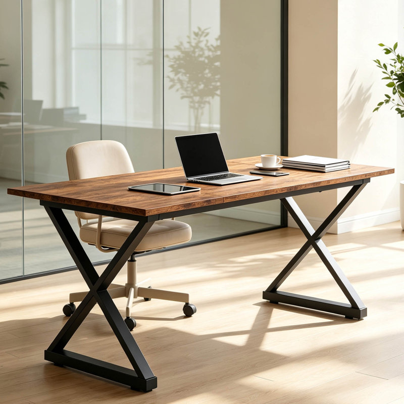 Bureau de direction 71 po avec structure en métal et finition en bois rétro, grand bureau d'ordinateur avec une capacité de 360 lb pour le bureau personnel - Table d'écriture ergonomique avec pieds réglables