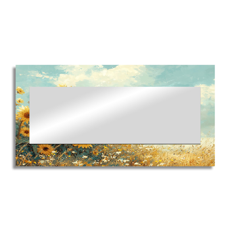 «Countryside Sunflowers In The Wind» - Décoration murale miroir floral - imprimé sur métal, 28 po x 55 po