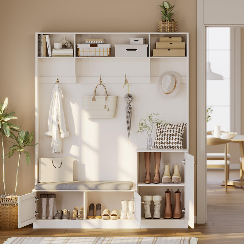 Arbre d'entrée de 78,7 pouces de hauteur avec banc et rangement pour chaussures, banc d'entrée moderne avec portemanteau, 4 crochets de suspension, 3 compartiments ouverts