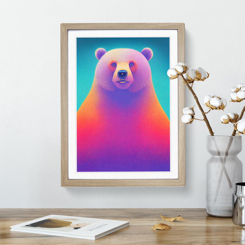 Colourful Bear - Print, 66cm H x 48cm W x 2cm D, Oak Framed, White