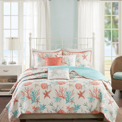 Courtepointe Pebble Beach - Corail très grand / très grand 6 pièces en coton avec des imprimés imprimés de coquillages, d'étoiles de mer et de coraux pour une décoration de chambre bord de mer