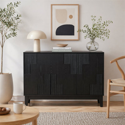 Armoire-buffet 44,3 po de style Mid-Century moderne avec rangement, buffet de style campagnard avec patchwork à rayures verticales et tablettes réglables, meuble télé pour le salon, la cuisine, la salle à manger, le vestibule
