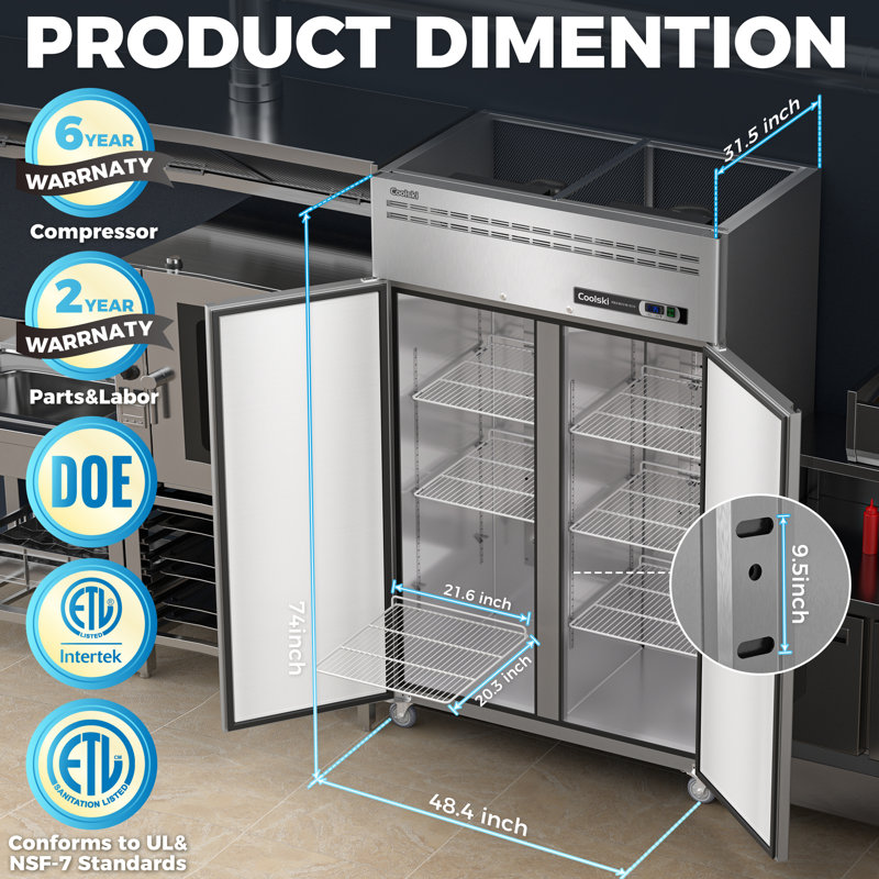CMR Coolski 48" W Commercial Refrigerator 2 Door, 36 Cu.ft 2 Section Stainless Steel Solid Door Upright Reach In Refrigerator