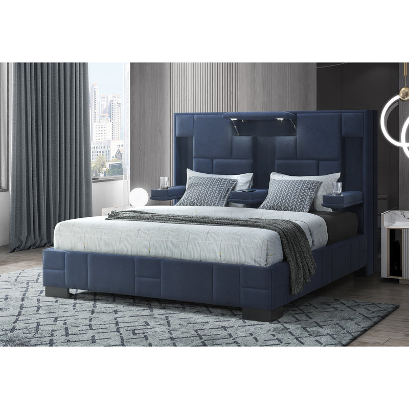 Très grand lit bleu marine, design contemporain, rabattable, panneau de recharge sans fil central et lumières DEL avec haut-parleurs intégrés, style moderne