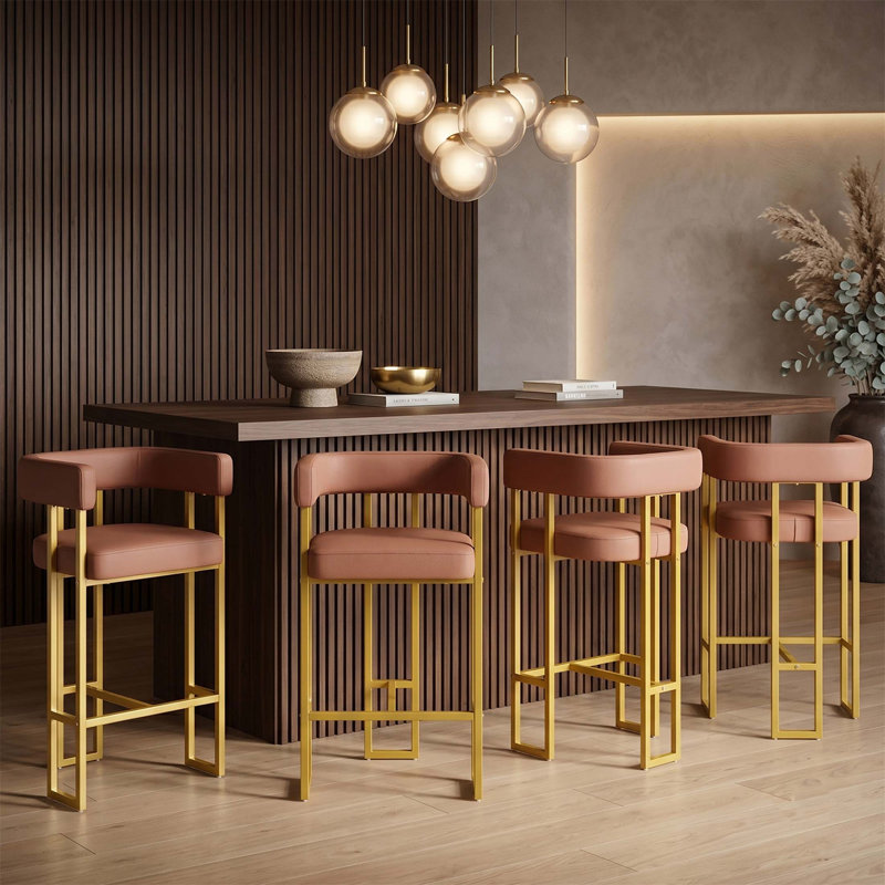 Ensemble de 4 tabourets de bar à hauteur de comptoir Modern en cuir de polyuréthane rembourré avec dossier et repose-pieds, chaises de cuisine Mid-Century de 26 pouces