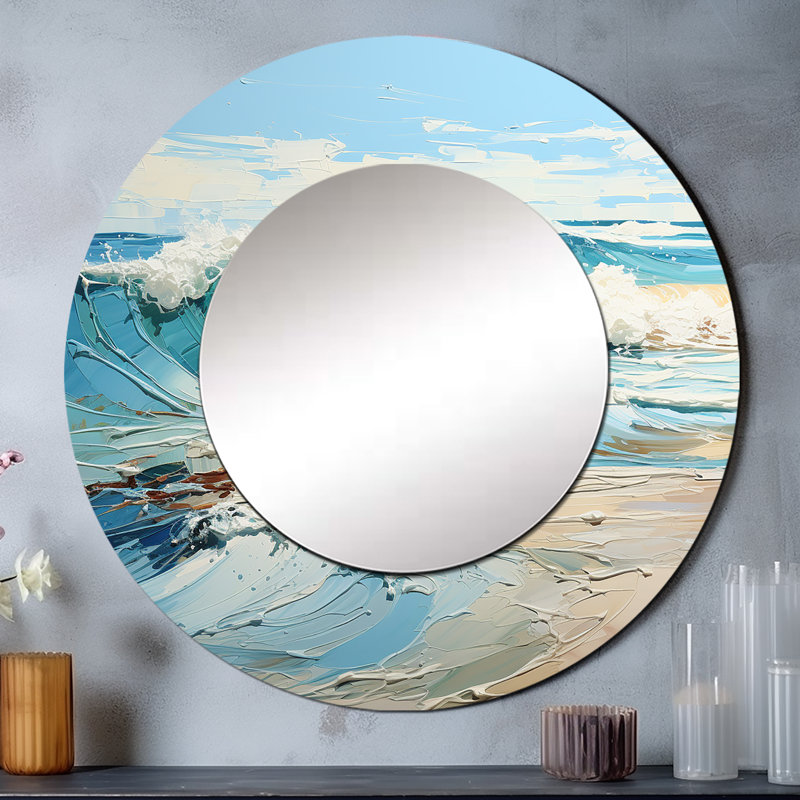 Bleu et blanc Simplicity Beach I - miroir mural unique Waves, miroir rond bleu, impression d'art en métal, 36 po x 36 po