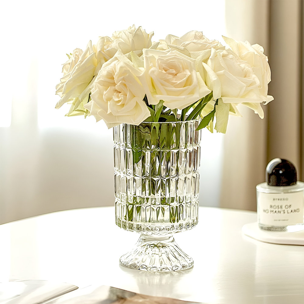 Ribbed Crystal Glass Pedestal Vase, Decorative Glass Vase for Flowers and Centerpieces
