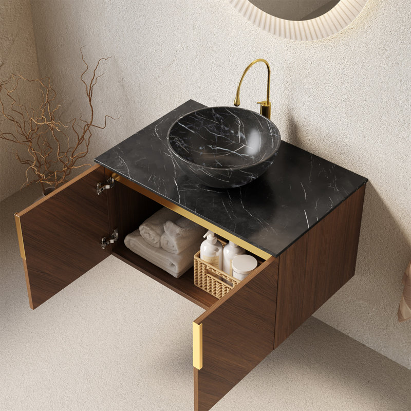Meuble-lavabo 30 po, meuble-lavabo flottant en contreplaqué avec double comptoir en pierre frittée et cuve en céramique noire