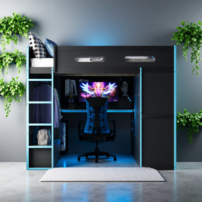 Lit mezzanine double en bois avec bureau, garde-robe, grand espace de rangement et lumière DEL RVB
