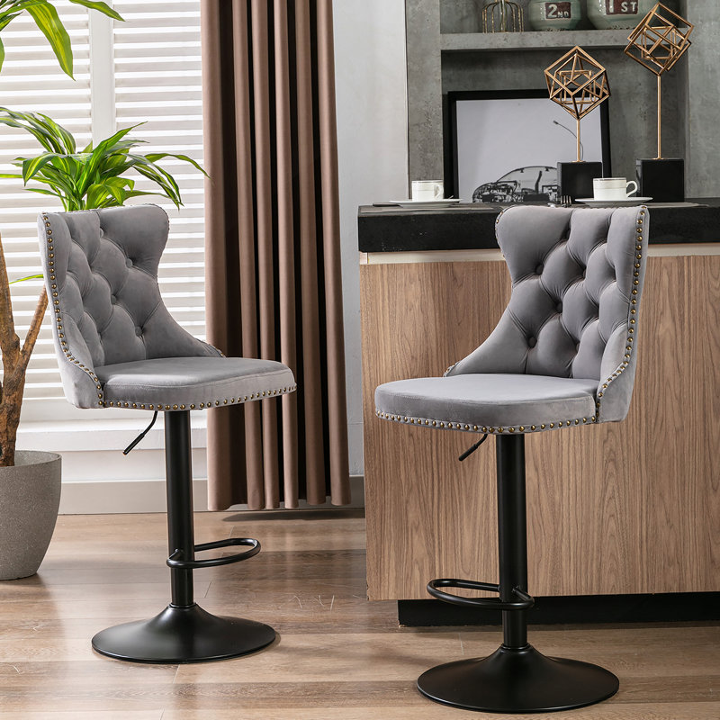 Tabourets de bar pivotants en velours à hauteur et dossier capitonnés, Gris