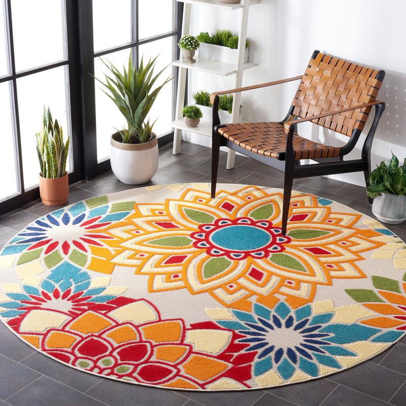 Tapis d'intérieur / extérieur à motif floral Stephine, Rond 8 pi