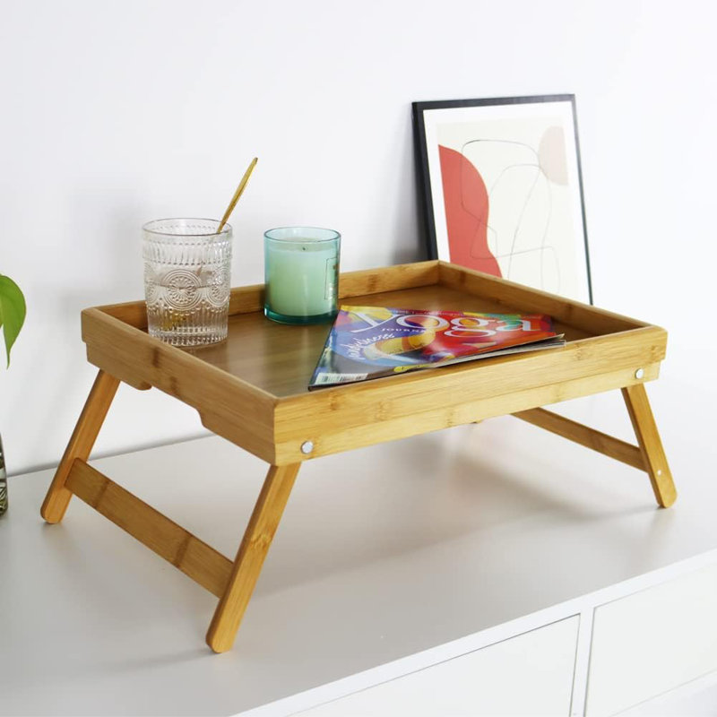 Table-plateau en bambou avec pieds pliants et plateaux de service