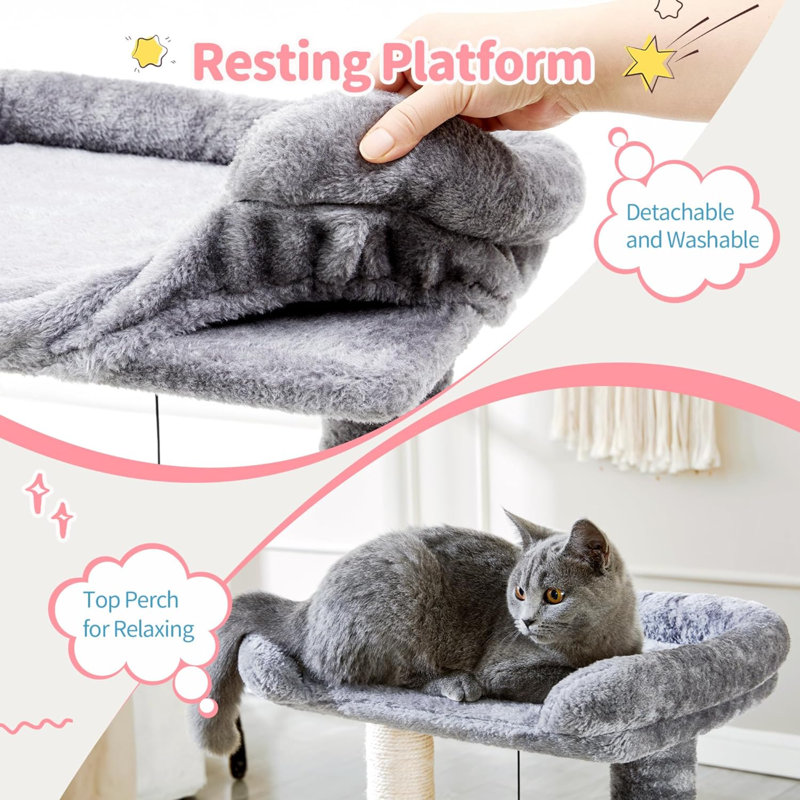 20" Gray Sisal Cat Tree Tower with Plush Perch and Groomer
