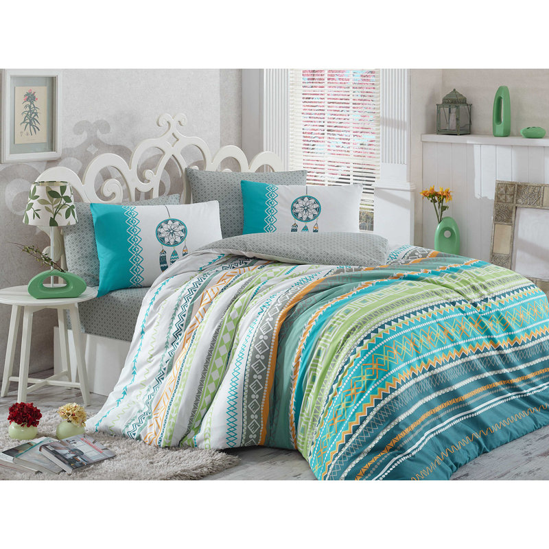 Ensemble de housse de couette 100% coton Michal, Housse de couette simple + 2 pièces supplémentai, Turquoise / blanc / vert