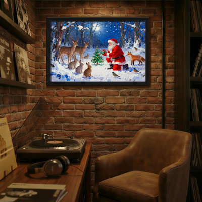 Noël père Noël dans la forêt d'hiver avec des animaux