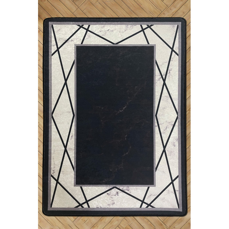 Tapis blanc / noir en polyester tissé à la machine Carpet, Rectangle 3 pi 11 po x 5 pi 11 po