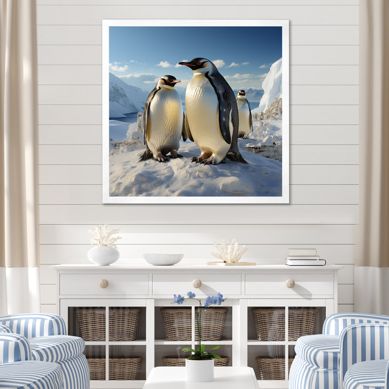 «Playful Snow Wonders Penguins I», reproduction sur toile, Cadre simple blanc, H 36 po x l 36 po x P 1,5 po