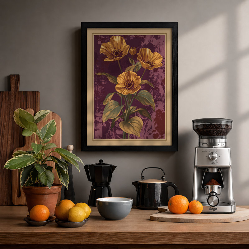 Golden Blooms On Purple Botanical - Print, Black, A3 - 42.0 x 29.7 cm