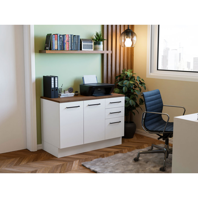 Armoire de rangement de bureau avec 2 portes et 3 tiroirs Latitude Run® - Garde-manger pour fournitures de bureau et documents - Blanc