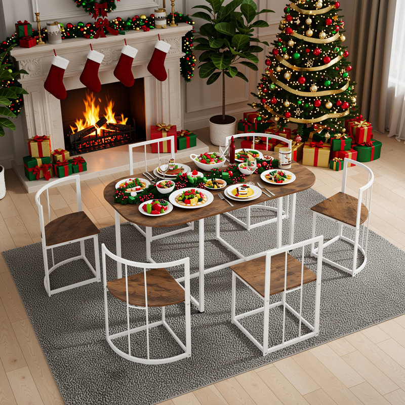 Table de salle à manger moderne avec plateau en faux marbre 7 pièces Modern, Blanc