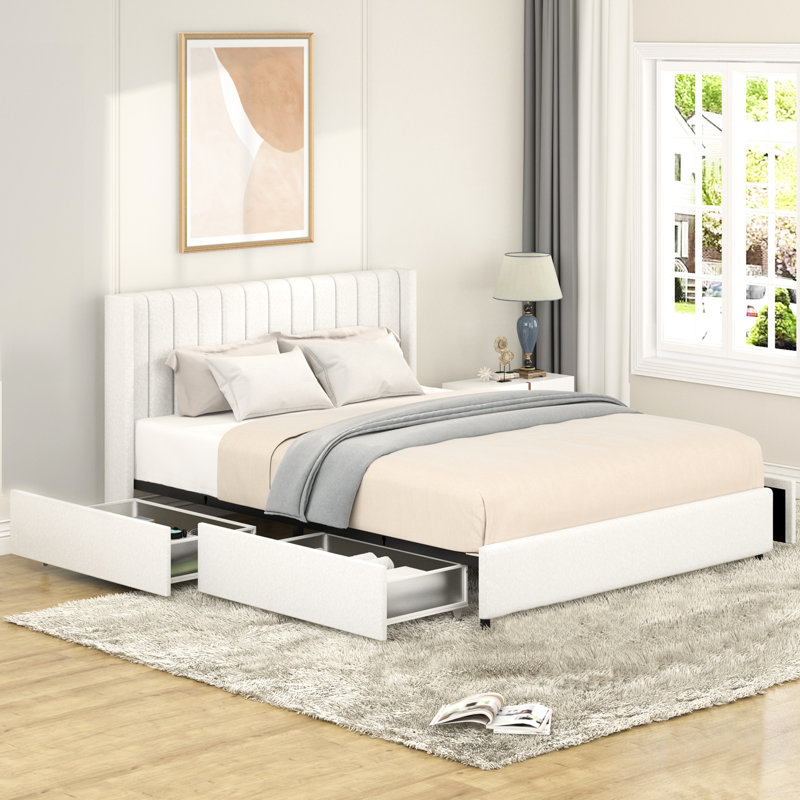 Lit sans sommier requis avec système de tiroirs doublés de plastique et base de revêtement rembourrée 4 tiroirs Cozy Upholstery