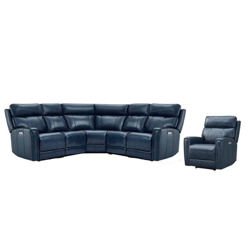 Fauteuil modulaire inclinable électrique en L Emlin, Cuir véritable bleu, Bouton poussoir d'alimentation