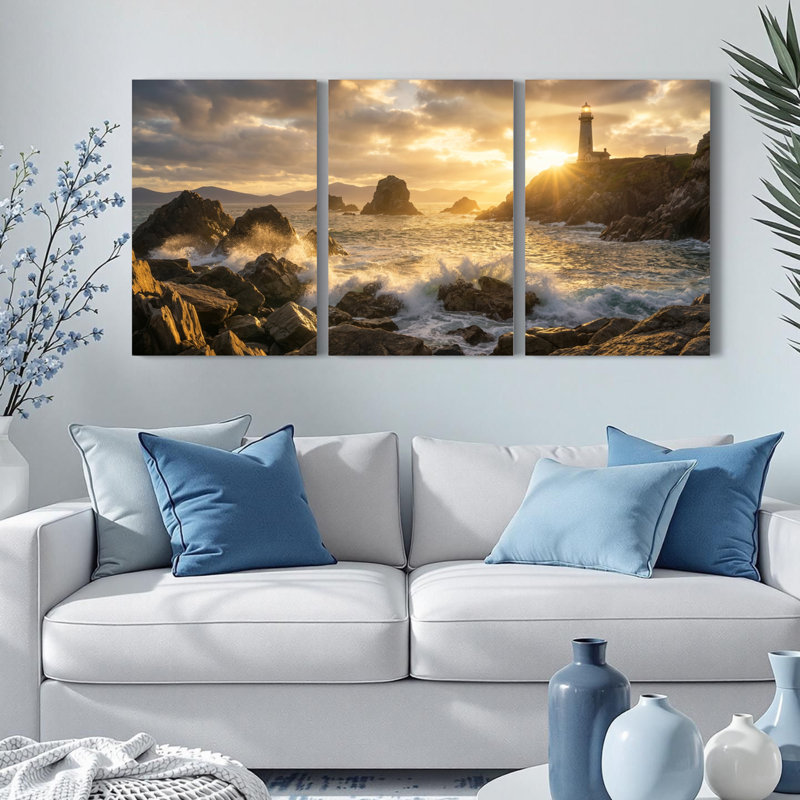 Ensemble de 3 tableaux sur toile tendue représentant un phare au coucher du soleil et les vagues de l'océan, 1218