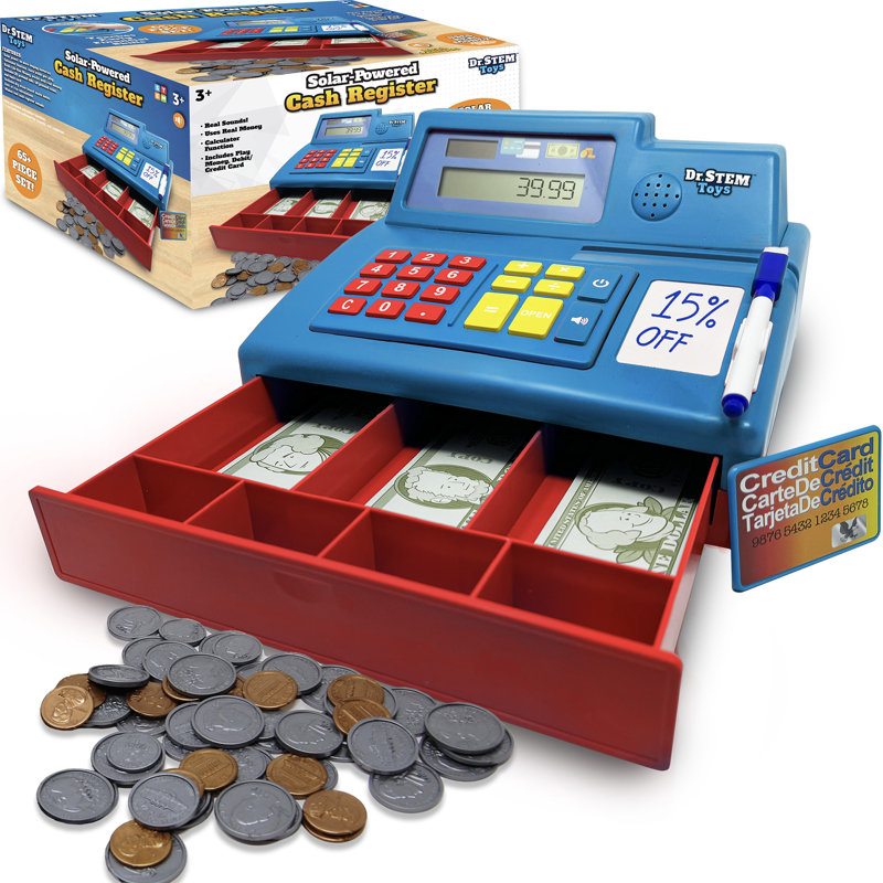 Dr. STEM: Caisse enregistreuse à énergie solaire - Jouet de jeu de rôle de 68 pièces, calculatrice de travail, sons, argent de jeu et carte de débit, enfants de 3 ans et plus
