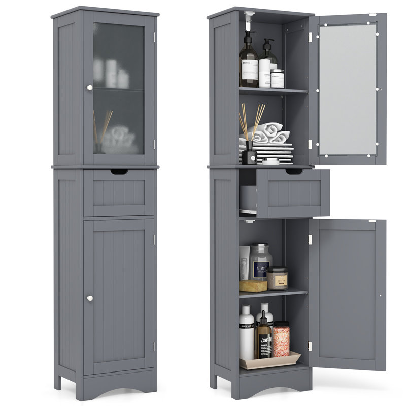 Tall Bathroom Storage Cabinet, Narrow Slim Linen Tower, Freestanding Floor Cabinet, Gray