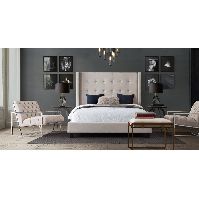 Madison Ave Tufted Wing Queen Bed In Sand Button Tufted Fabric, Queen, Sand