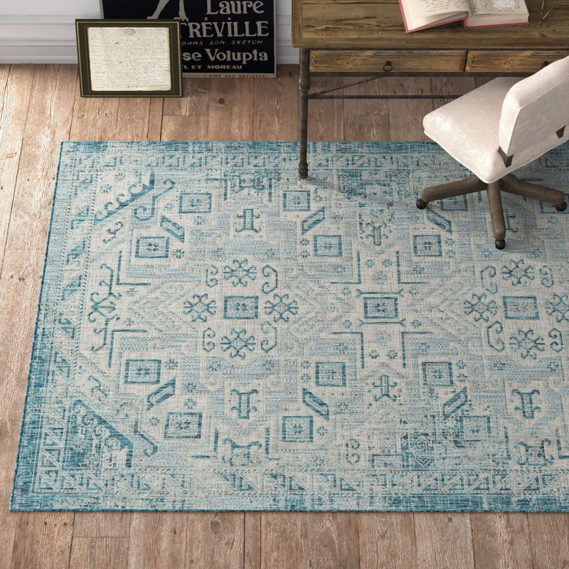 Tapis bleu sarcelle intérieur / extérieur Danera, Rond 7 pi 10 po